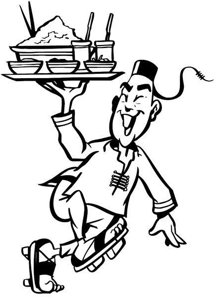 Chinese waiter with serving tray of food vinyl sticker. Customize on line. Restaurants Bars Hotels 079-0339